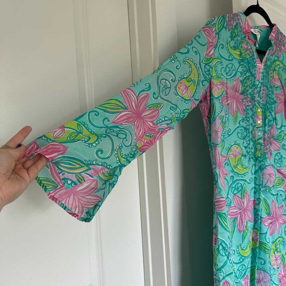 Vintage Lilly Pulitzer (M) Teal Kaftan Maxi Dress / Resortcore Coverup Preppy - Picture 8 of 10